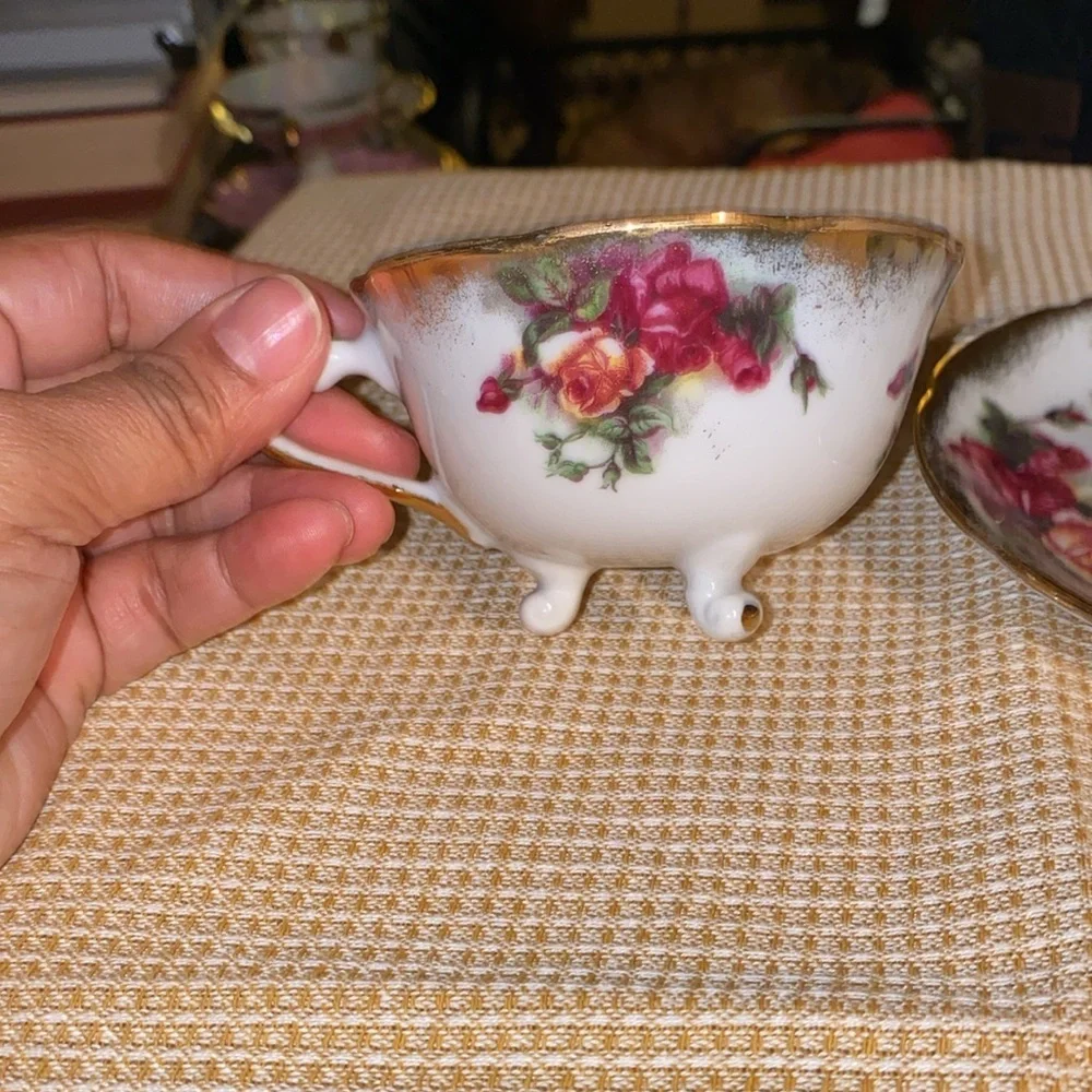Vintage Old Gold Japan Pink Roses Gold Accents Footed teacup and saucer